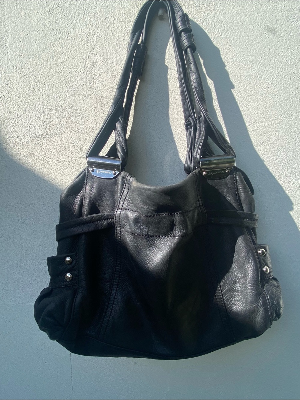 Y2K B Makowsky Black Genuine Leather Moto Studded Shoulder Bag